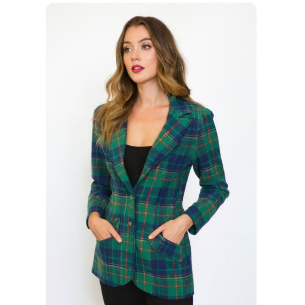 Kingsley Blazer Green Plaid Wool Vintage 60s 70s Lined Jacket Womens Size 10